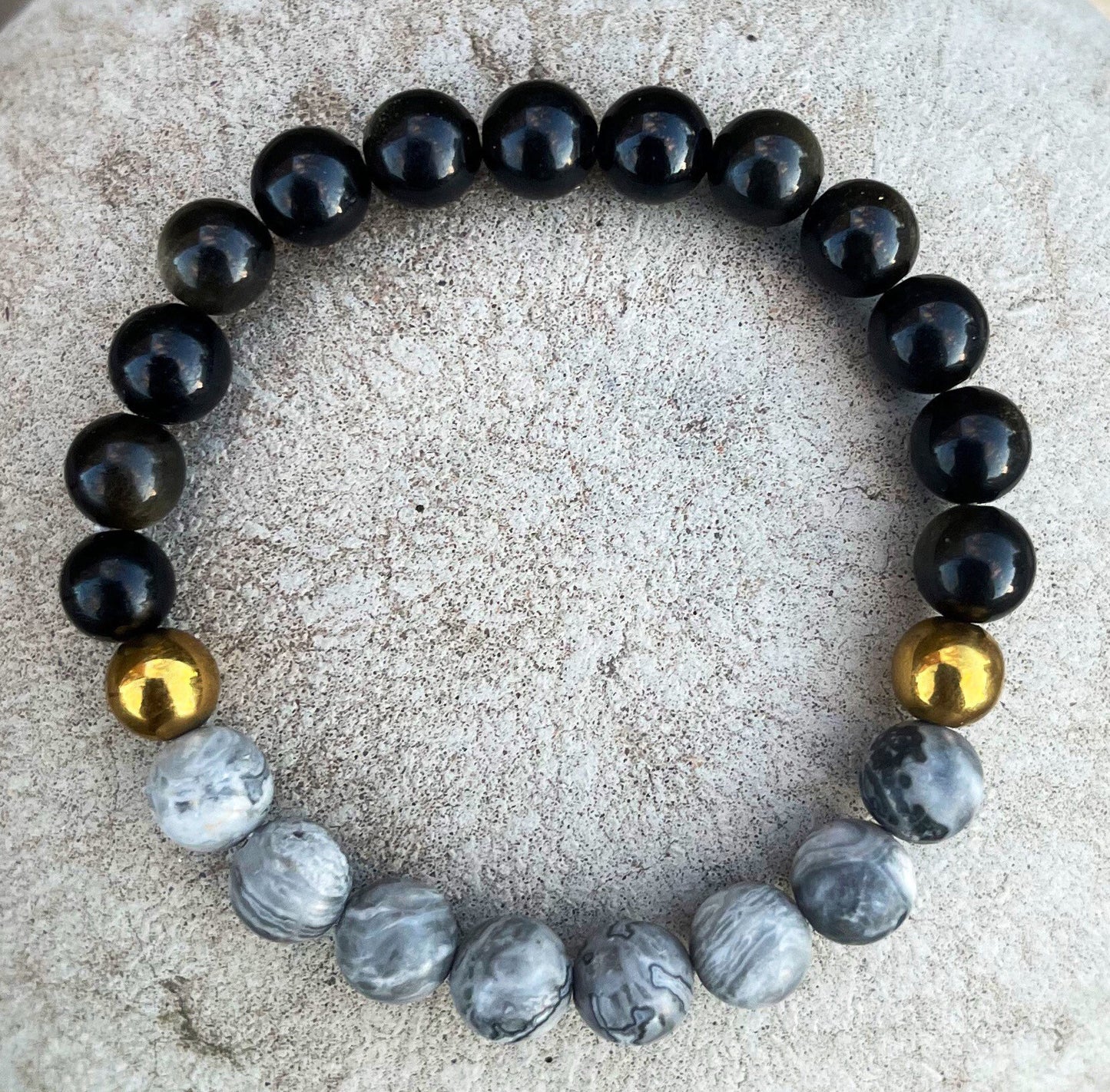 Map Jasper, Hematite and Gold Obsidian Bracelet, Crystal Gifts, Husband Gift, Men Beaded Chakra Bracelet, Crystal Bracelet, Gift for Him