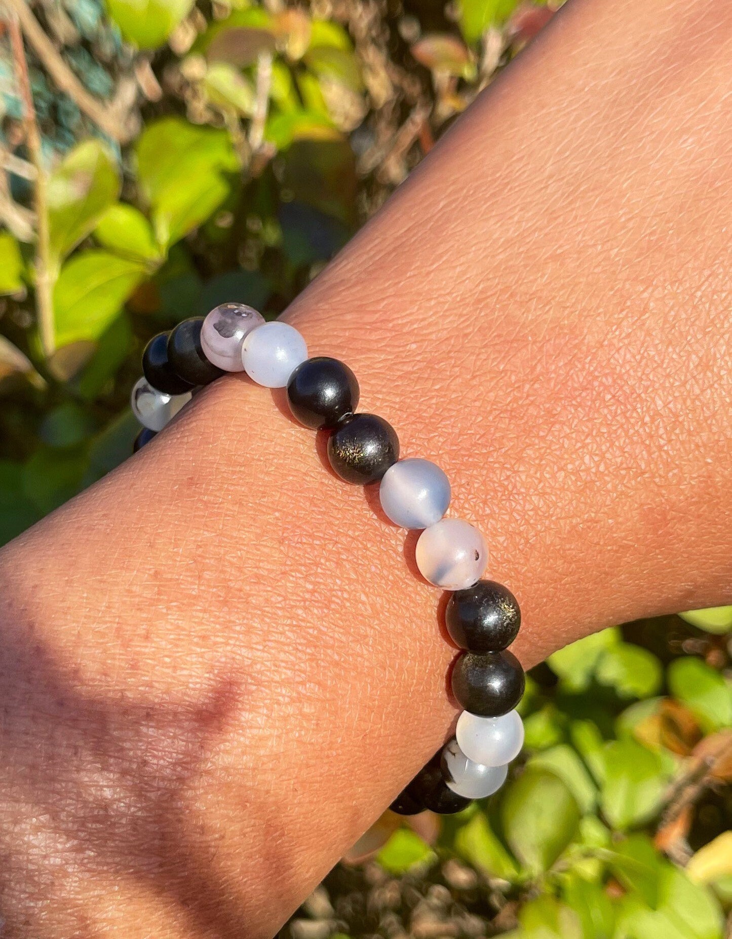 Black Flower Agate with Gold Obsidian Bracelet