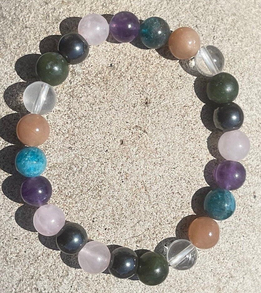 Weight Management Bracelet, Healing Crystals, Metabolism, Gemstones, Stretchy Beads Bracelet, Quartz, Green Jade, Sunstone, Apatite, 8mm