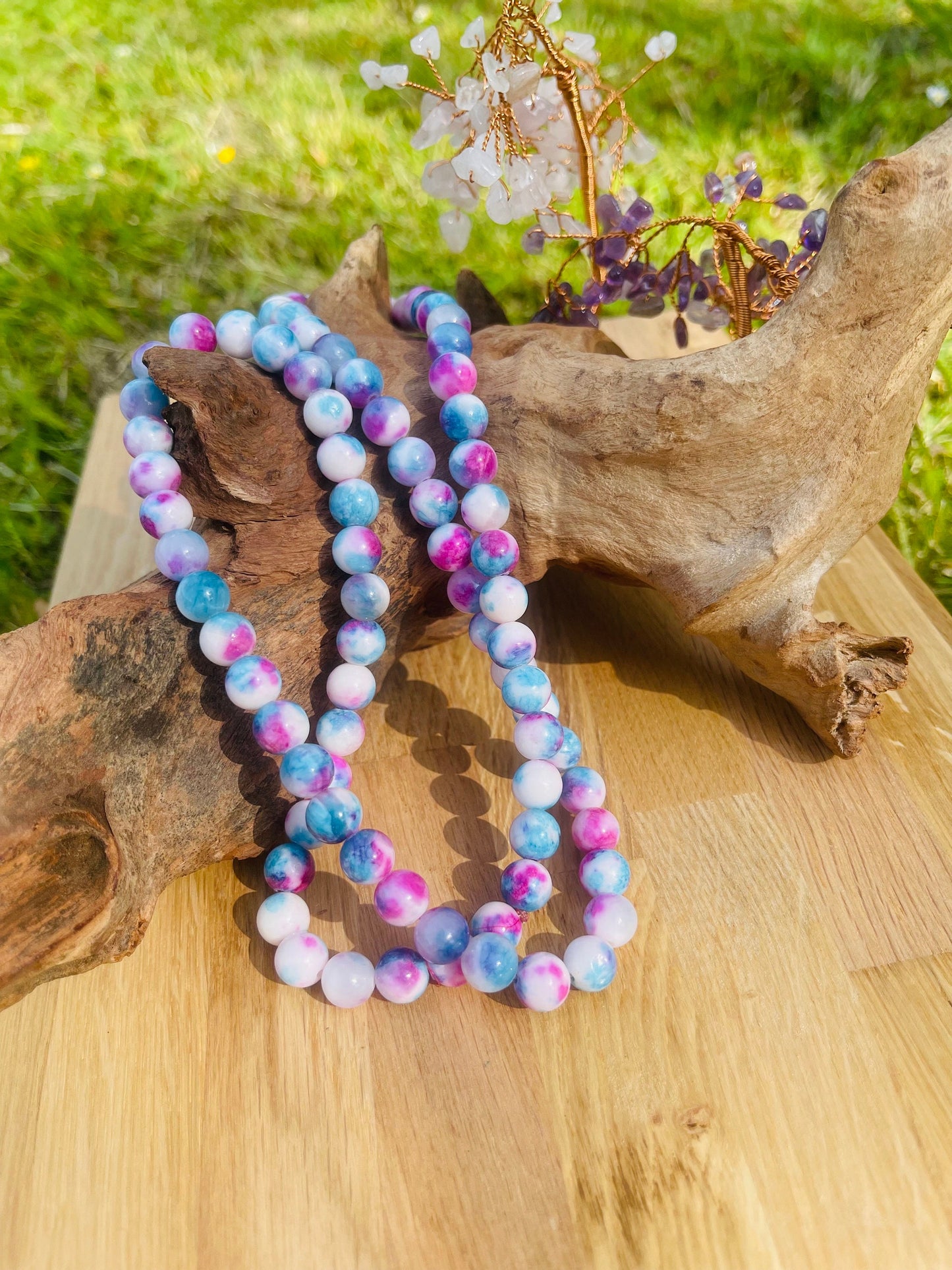 Persian Jade Necklace, Beaded Crystal Necklace, Gemstone Jewelry, Healing Crystals, Blue and Pink Beaded Necklace, Statement Jewelry Gift