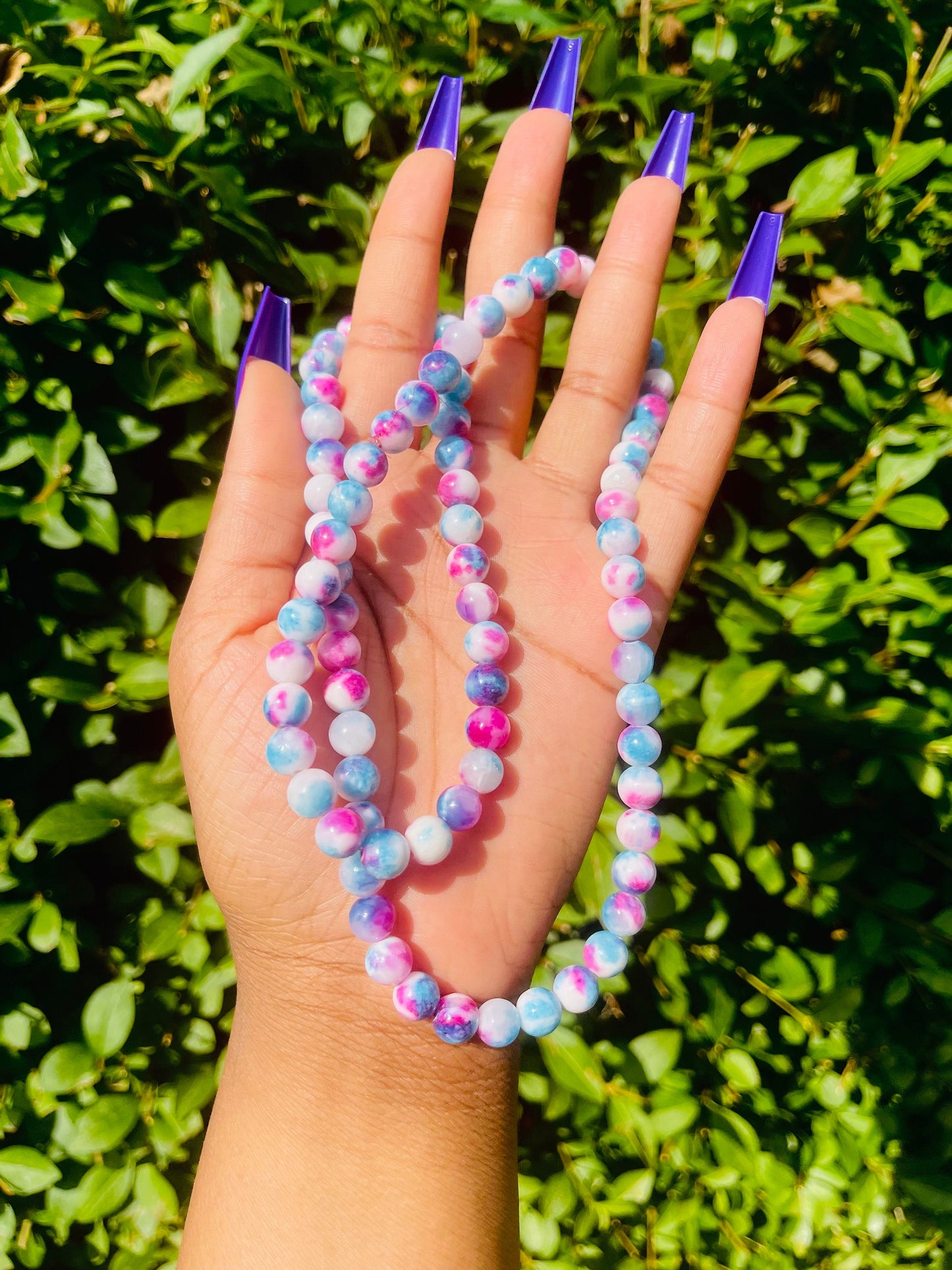 Persian Jade Necklace, Beaded Crystal Necklace, Gemstone Jewelry, Healing Crystals, Blue and Pink Beaded Necklace, Statement Jewelry Gift