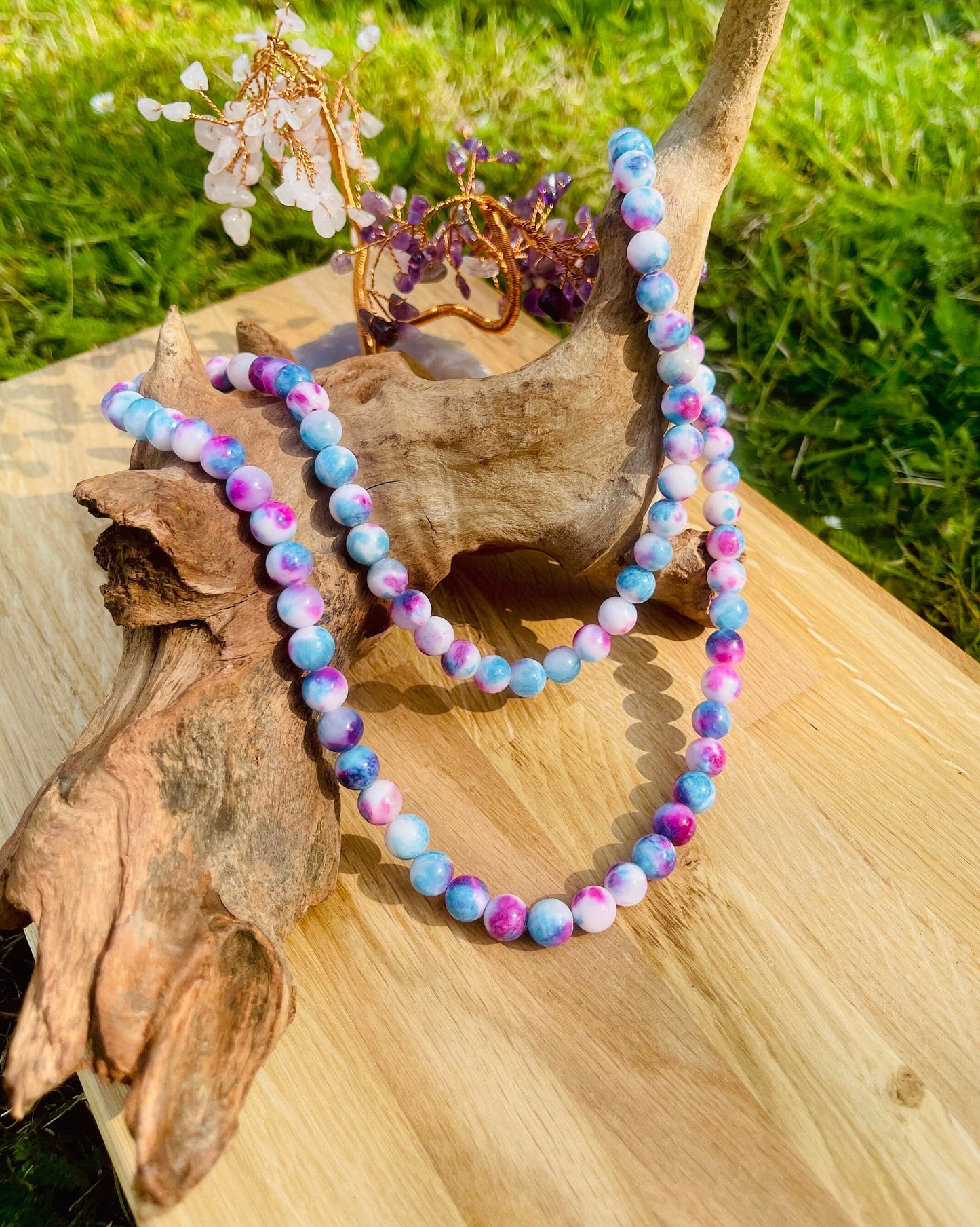 Persian Jade Necklace, Beaded Crystal Necklace, Gemstone Jewelry, Healing Crystals, Blue and Pink Beaded Necklace, Statement Jewelry Gift