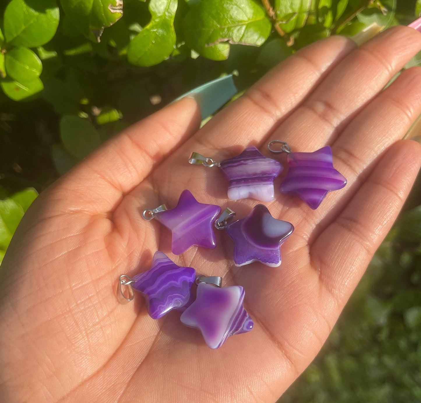 Purple Agate Star Necklace, Crystal Necklace, Gemstones, Healing Crystals, Onyx Stripped Necklace, Purple Crystal Carvings, Natural Stones