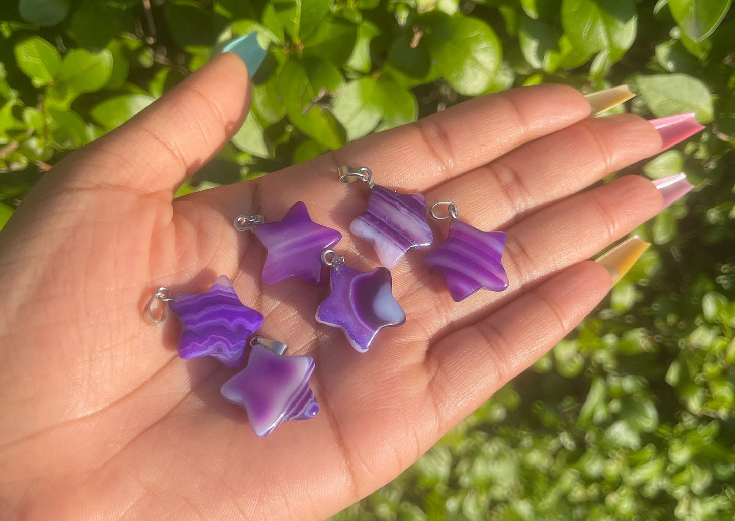 Purple Agate Star Necklace, Crystal Necklace, Gemstones, Healing Crystals, Onyx Stripped Necklace, Purple Crystal Carvings, Natural Stones