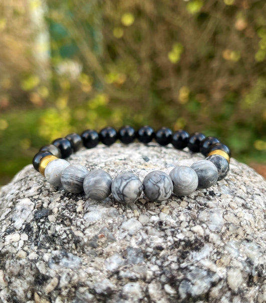 Map Jasper, Hematite and Gold Obsidian Bracelet, Crystal Gifts, Husband Gift, Men Beaded Chakra Bracelet, Crystal Bracelet, Gift for Him